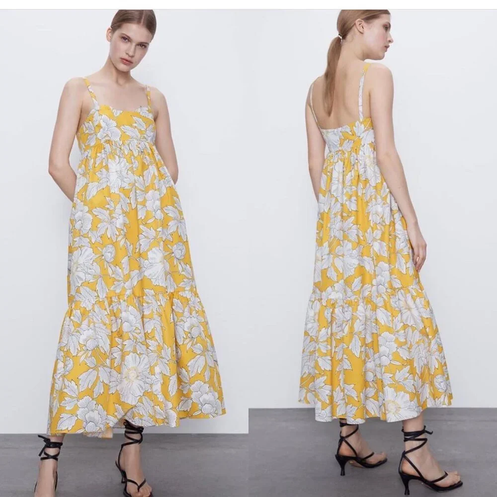 NEW Zara Yellow Summer Midi Dress w/ spaghetti straps - Picture 1 of 12
